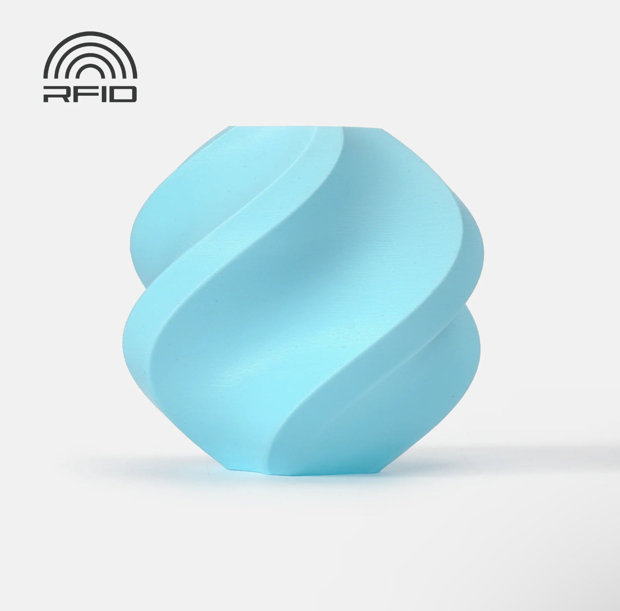 Light blue 3D printed planter with a sleek spiral design, made from eco-friendly PLA, perfect for modern home and garden decor.