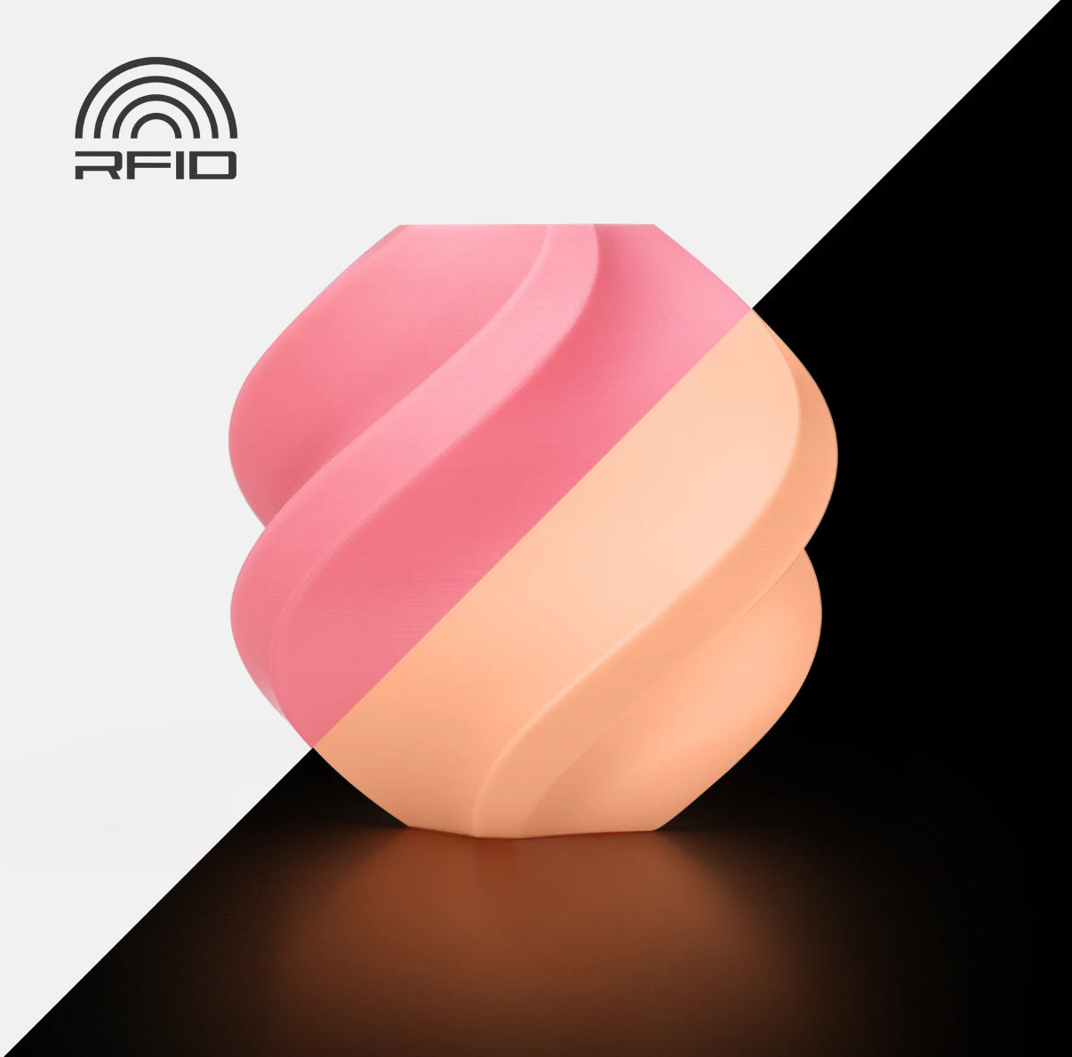 Dual-tone 3D printed planter with a spiral design, transitioning from pink to peach under different lighting conditions, ideal for orchids.