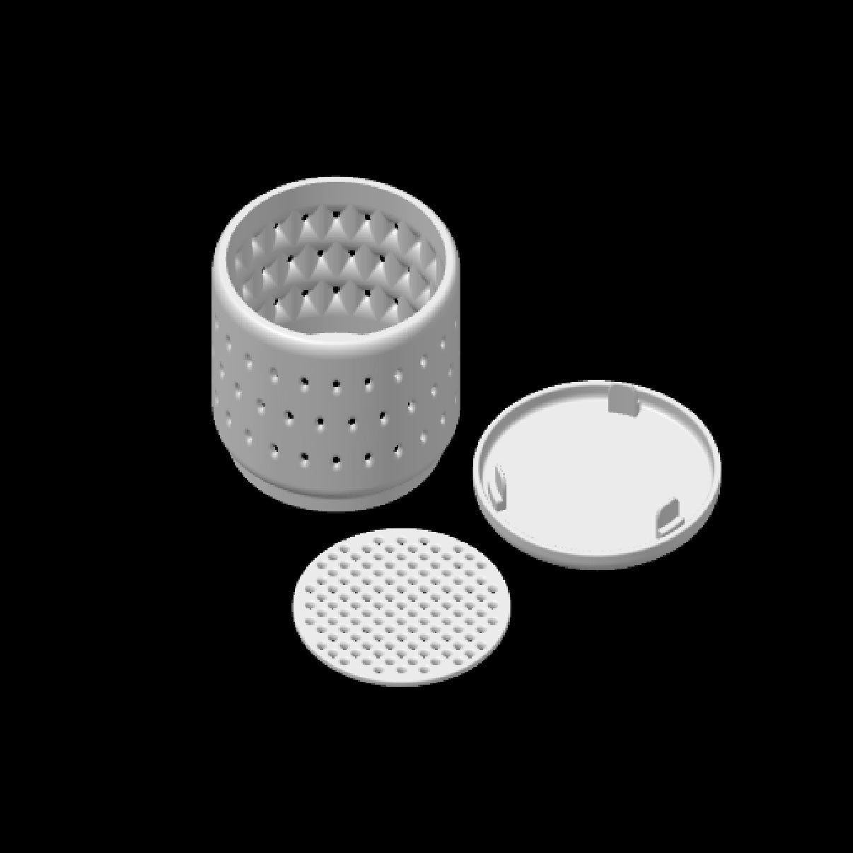 3D printed planter with a perforated design, featuring a detachable water-catching tray and inner aeration plate for optimal orchid growth.