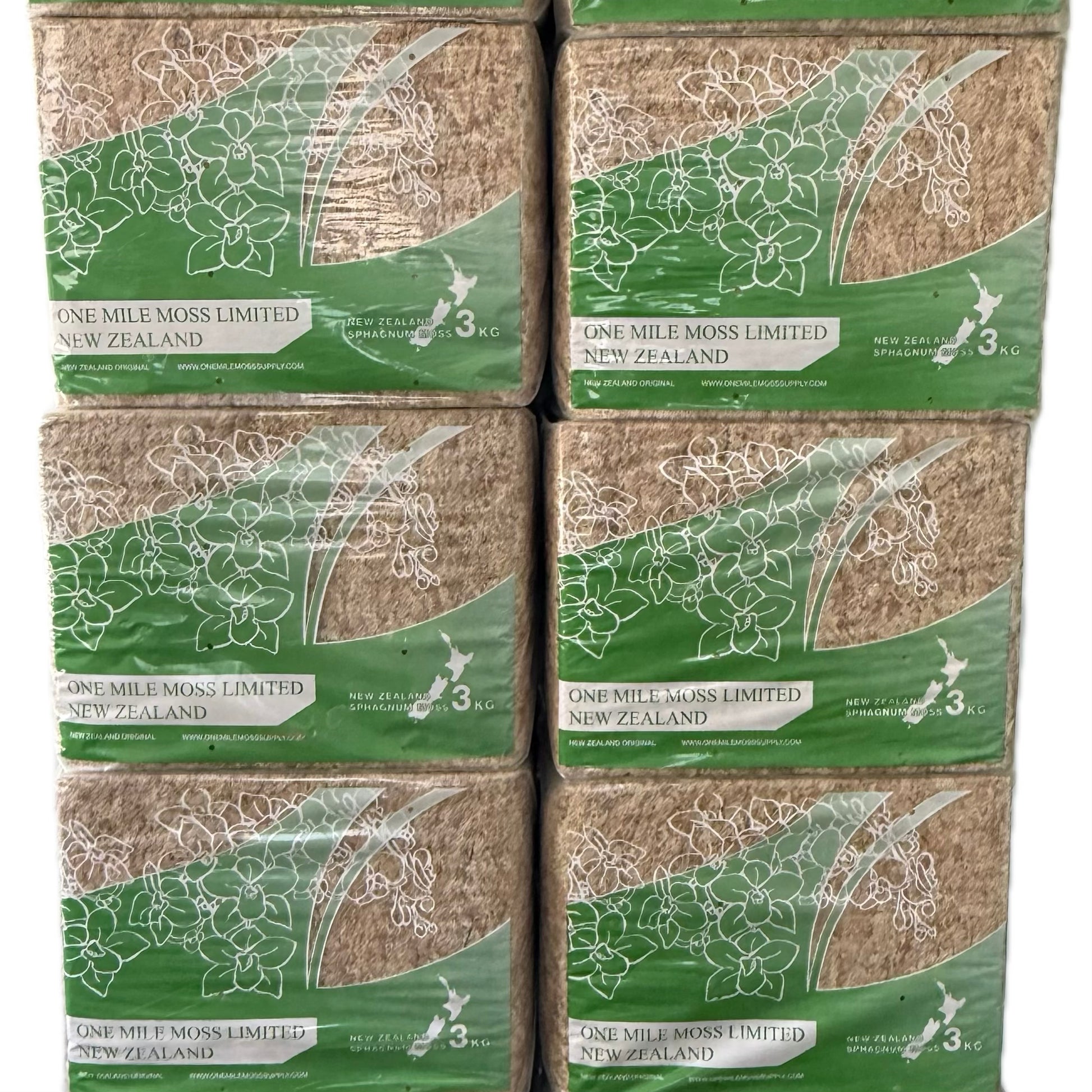 Stacked packs of New Zealand Sphagnum Moss 3A 150g for Orchids, ideal for planters in home & garden use. Premium moss ensures airflow and drainage.